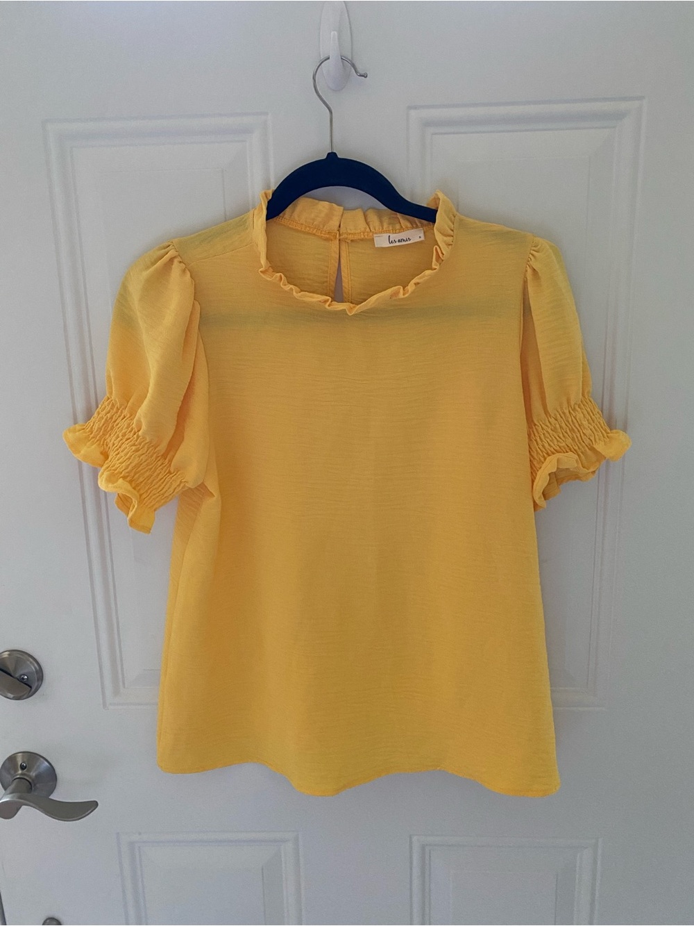 NWOT-Ruffled Neck Short Sleeve Blouse in Yellow